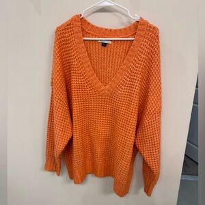 American Eagle Outfitters Orange V-Neck Waffle Knit Sweater